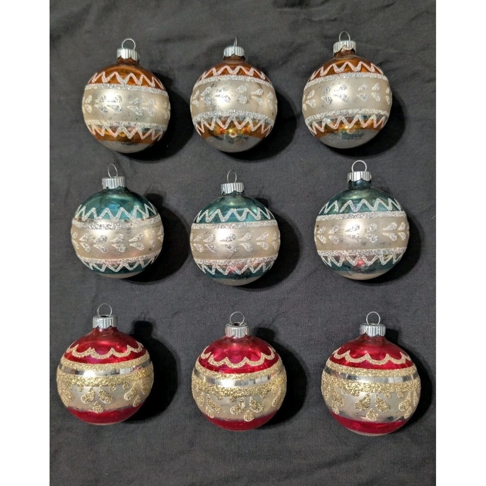 Vintage Shiny Brite Glass Christmas Ornaments Lot 9 Stenciled Hearts Glitter...